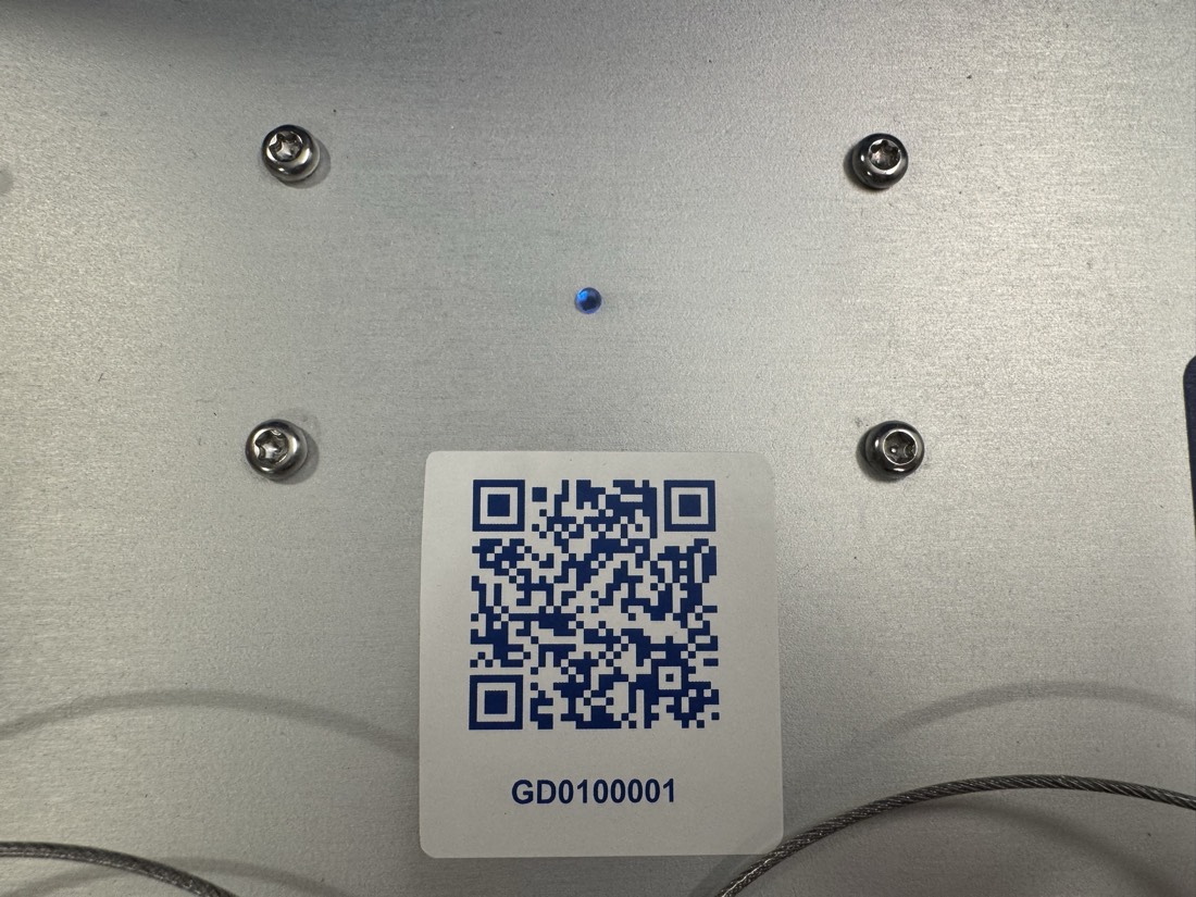 Close-up of the QR sticker on Gordon's metal front panel, labeled GD0100001