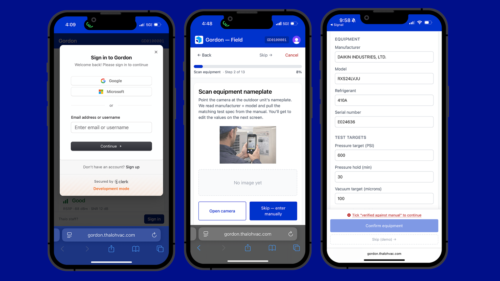 Three app screens: the Gordon sign-in dialog with Google, Microsoft, and email options; the scan-equipment-nameplate camera screen; and the equipment page showing model, refrigerant, and test targets